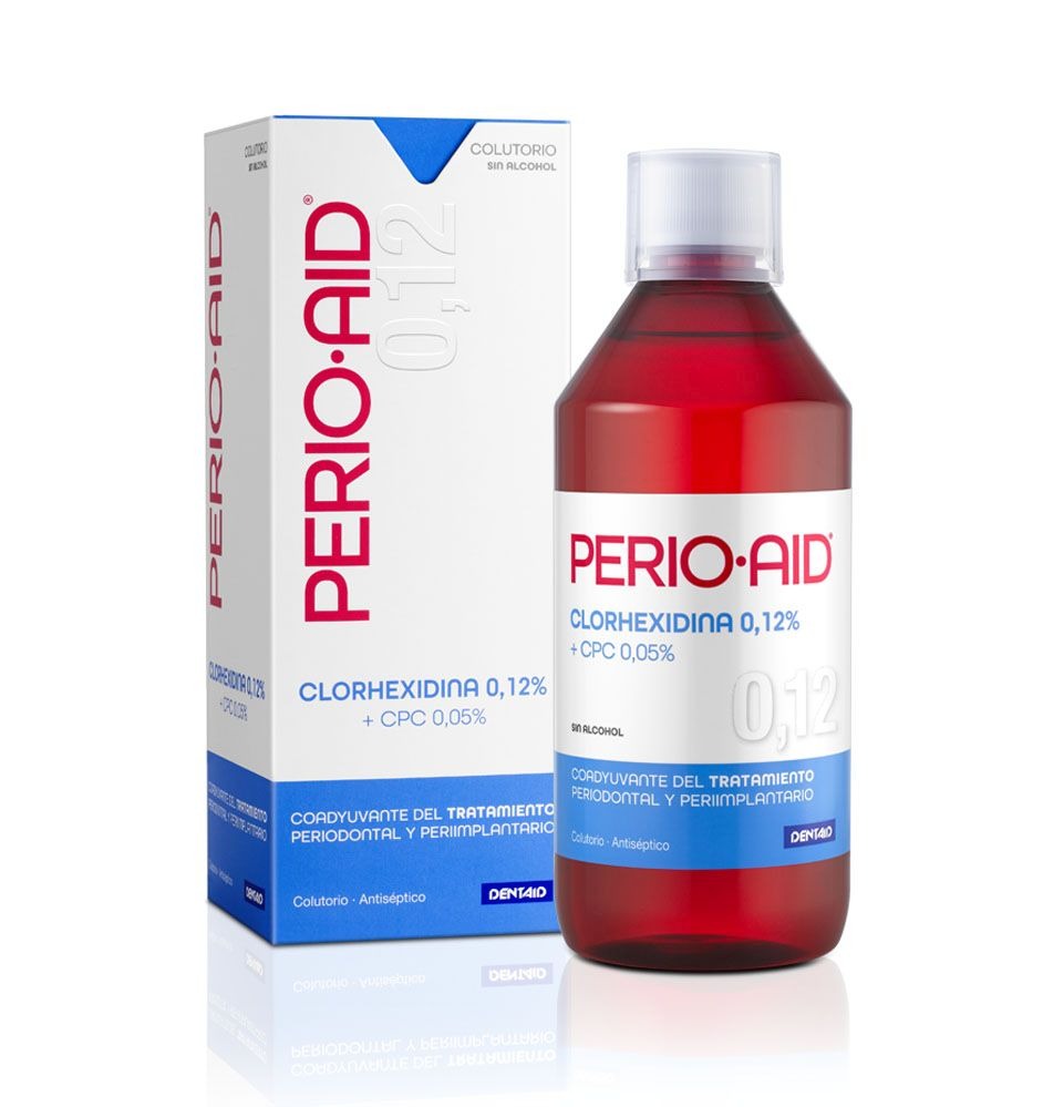 Botella de Perio-Aid Colutorio Sin Alcohol 500 Ml, ideal para higiene bucal y cuidado de encías.