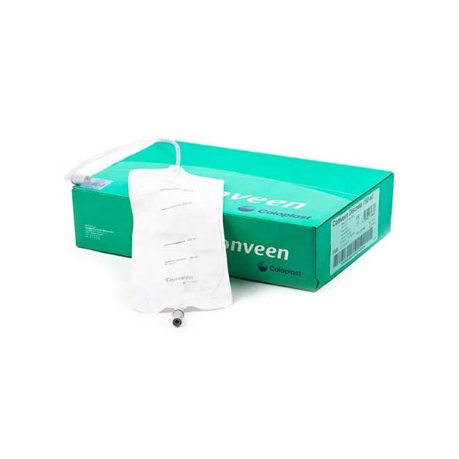 Bolsa de recogida de orina para pierna Conveen Disc, con sistema de conexión segura y material resis