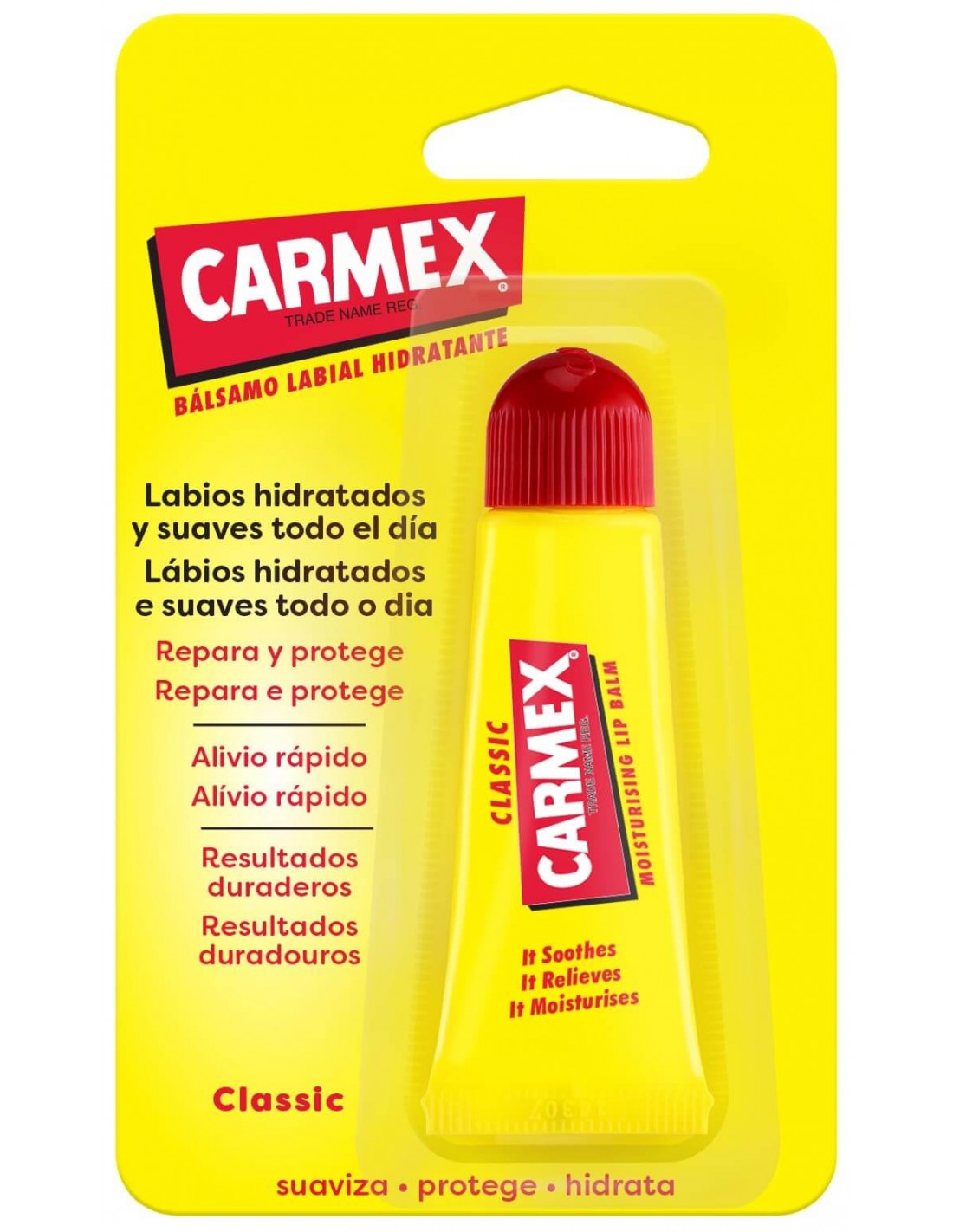 Tubo de Carmex Classic Bálsamo Labial 10g para labios secos y agrietados.