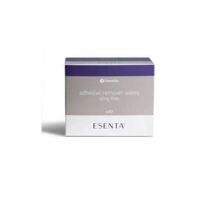 Envase de Esenta Adhesive Remover Wipes 30 Toallitas, toallitas para retirar adhesivos de la piel.