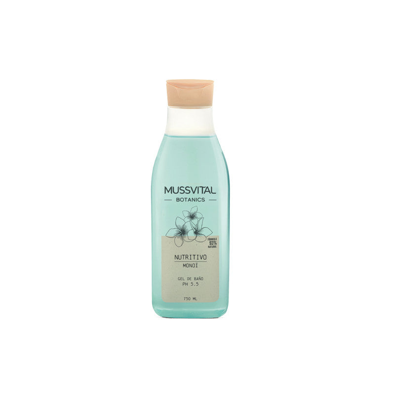 Frasco de Mussvital Botanics Gel de Baño Monoi con flores de Tiaré.