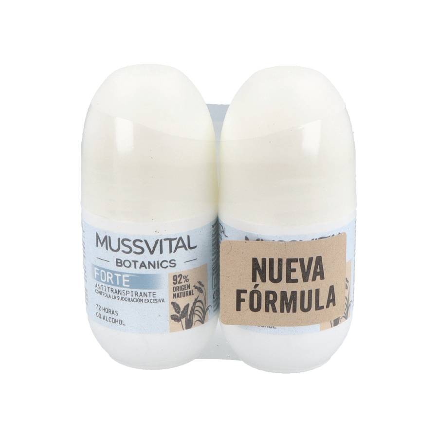 Mussvital Essentials Botanics Antitranspirante, envase del producto con extractos botánicos.