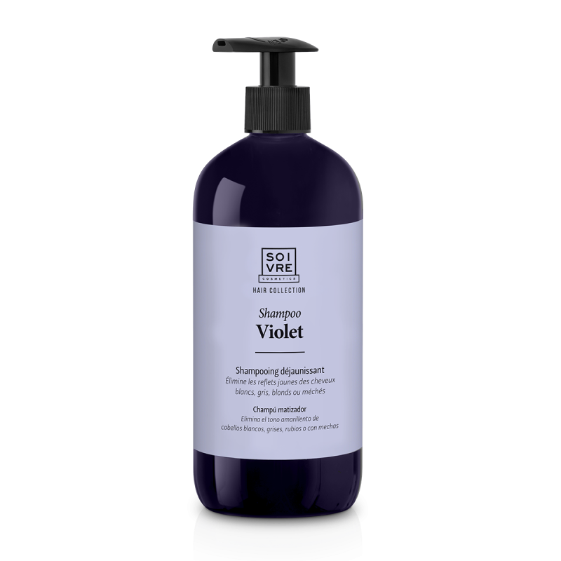 Envase de Soivre Cosmetics Champú Violet para neutralizar tonos amarillos en cabello rubio, decolora