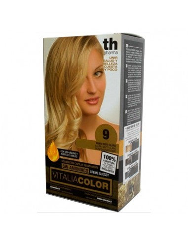 Caja del Tinte Rubio Muy Claro N 9 de TH Pharma para cabello, mostrando el tono y la marca.