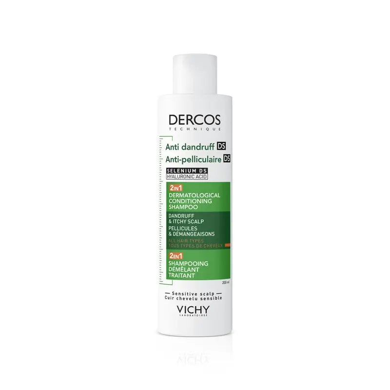 Botella de Vichy Dercos Champú-Tratamiento Anticaspa 2 en 1 de 200 ml sobre fondo blanco