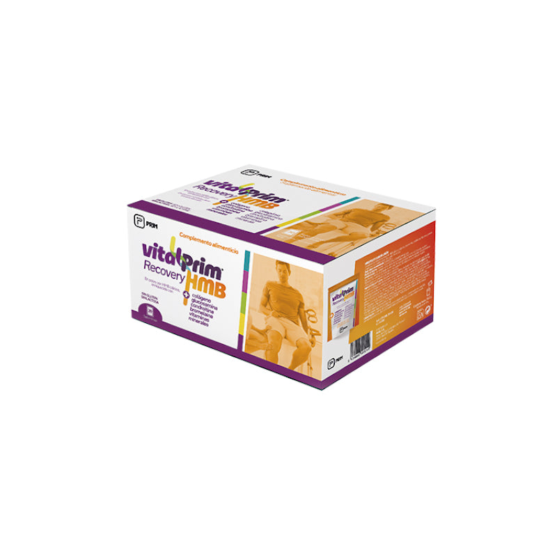 Caja de Vitalprim HMB 30 Sobres de Prim, complemento alimenticio para el bienestar muscular.