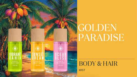 Botella de Iap Golden Paradise Orange Colonia 100Ml de IAP Pharma con fondo tropical.