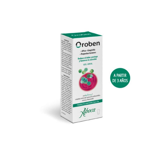 Envase de Oroben Gel Oral de 15 ml, un tratamiento para llagas y aftas bucales.