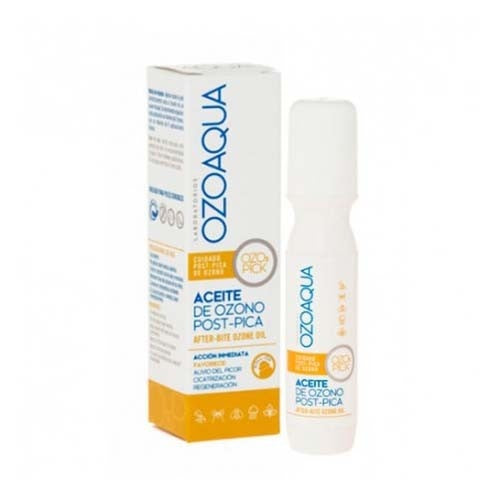 Envase de Ozopick Aceite Ozonizado Post-Pica, solución para aliviar picaduras.