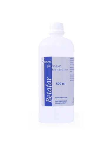 Envase de 500 ml de Betafar Suero Fisiológico, ideal para limpieza nasal y ocular.