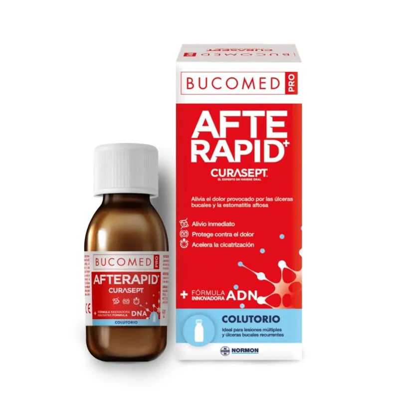 Frasco de Bucomed Afterapid Colutorio, solución para el alivio de molestias bucales.