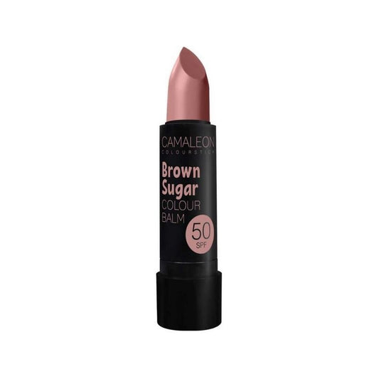Bálsamo labial Camaleon Colour Balm SPF 50+ en tono Brown Su, mostrando su textura y color.