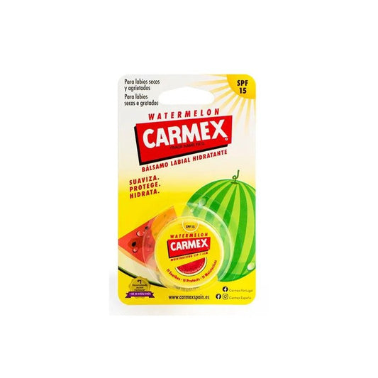Bote de Carmex Sandía SPF 15 mostrando el bálsamo labial con protección solar.