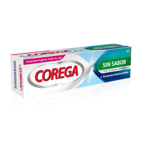 Envase de Corega Crema Adhesivo para Prótesis Dentales, sabor sin sabor.