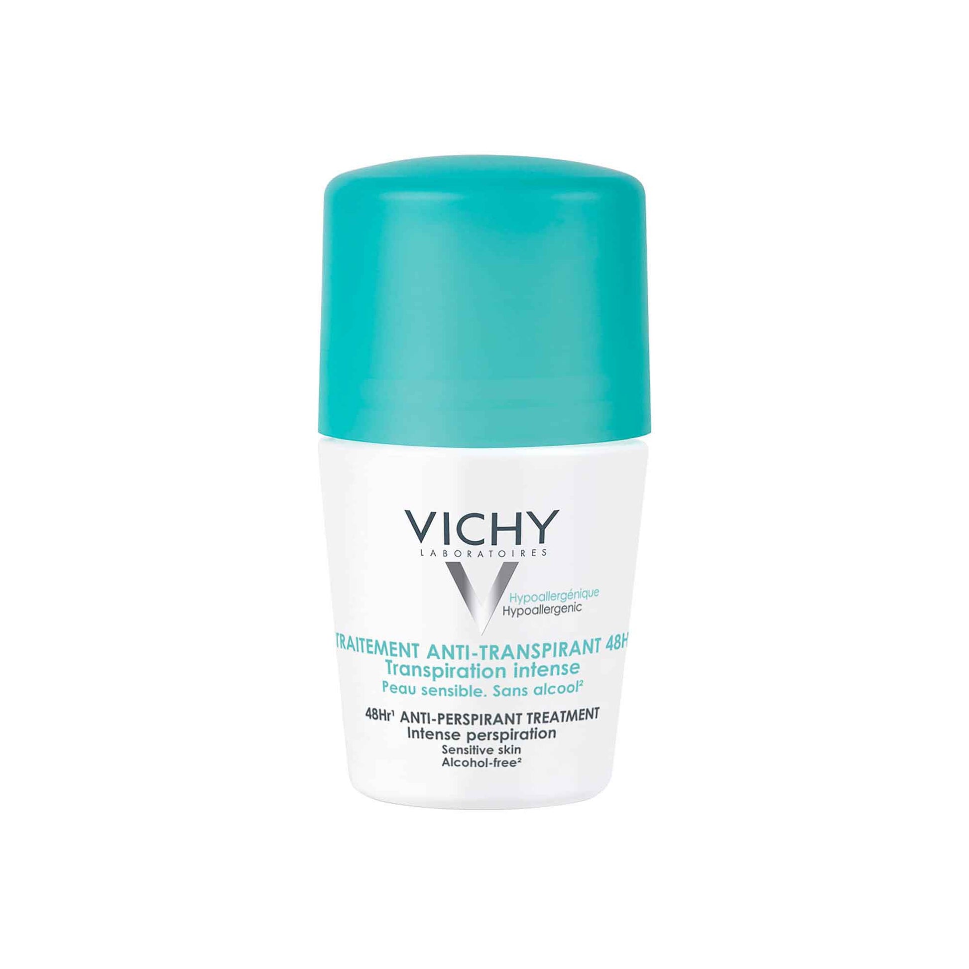 Vichy Desodorante Roll-On Tratamiento 48H para transpiración intensa.