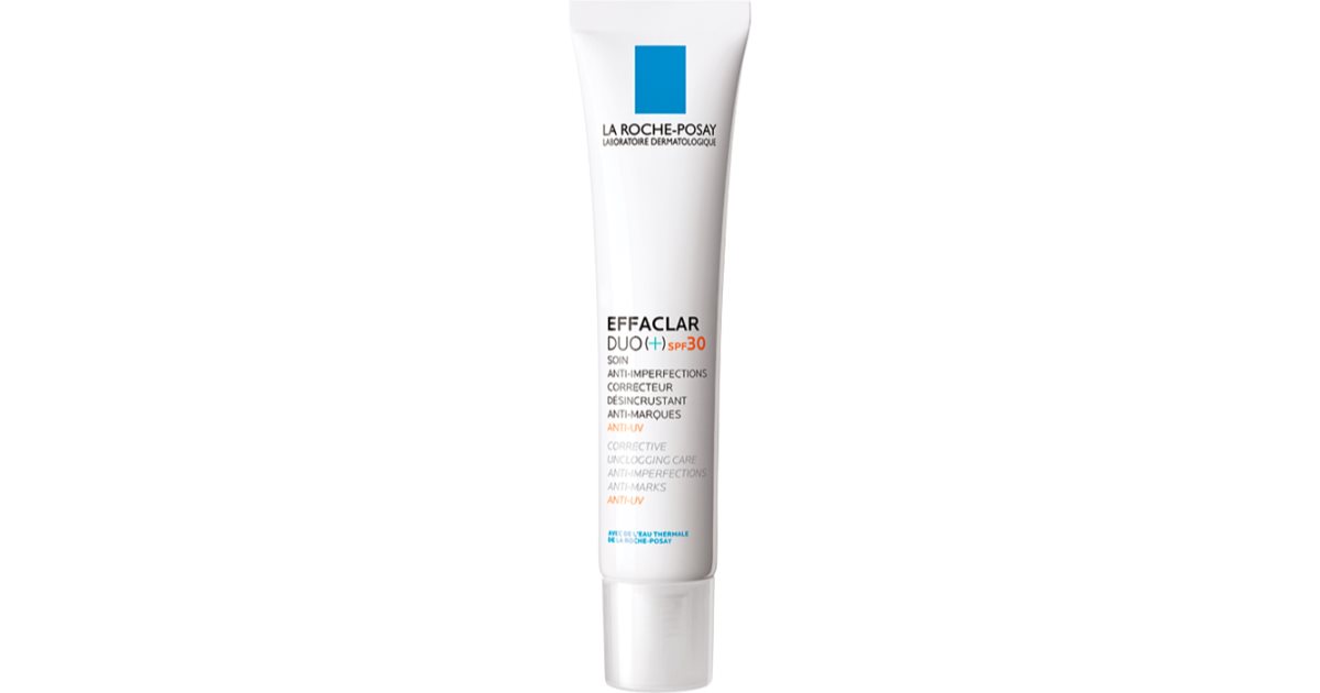 Envase de La Roche-Posay Effaclar Duo+ SPF 30, tratamiento facial para piel grasa con tendencia acne