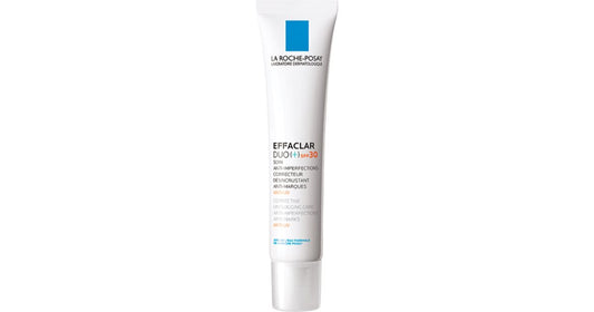 Envase de La Roche-Posay Effaclar Duo+ SPF 30, tratamiento facial para piel grasa con tendencia acne