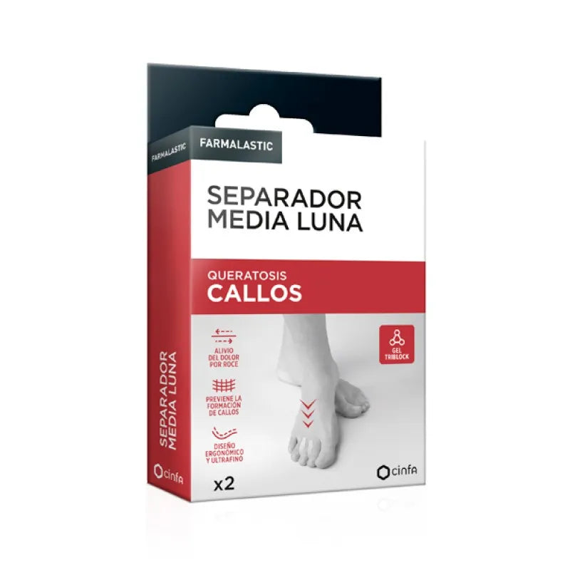 Separador de dedos media luna para aliviar callos y rozaduras, marca Farmalastic.