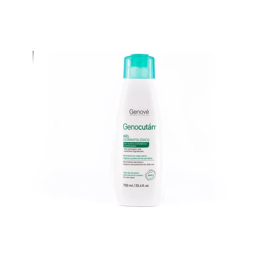 Botella de Genocutan Gel de Baño Cremoso 750 ml en un entorno de baño, mostrando su textura cremosa.
