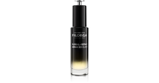 Botella de Filorga Global Repair Elixir Intensif Juventud, sérum rejuvenecedor para el rostro.