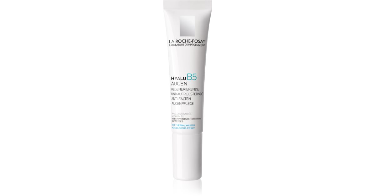 Frasco de La Roche-Posay Hyalu B5 Yeux Contorno de Ojos 15 ML, mostrando su aplicador y textura.