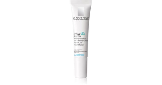Frasco de La Roche-Posay Hyalu B5 Yeux Contorno de Ojos 15 ML, mostrando su aplicador y textura.