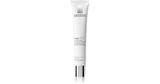 Envase de La Roche-Posay Hyalu B5 Recarga Crema 50g, mostrando la textura rica y el logo de la marca