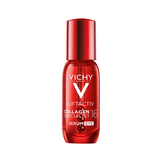 Frasco de Vichy Liftactiv Collagen Specialist Sérum Contorno de Ojos de 15 ml sobre un fondo limpio.