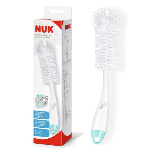 Set de limpiabiberones NUK 2 en 1 con cepillo interior y exterior para biberones y tetinas de bebé.