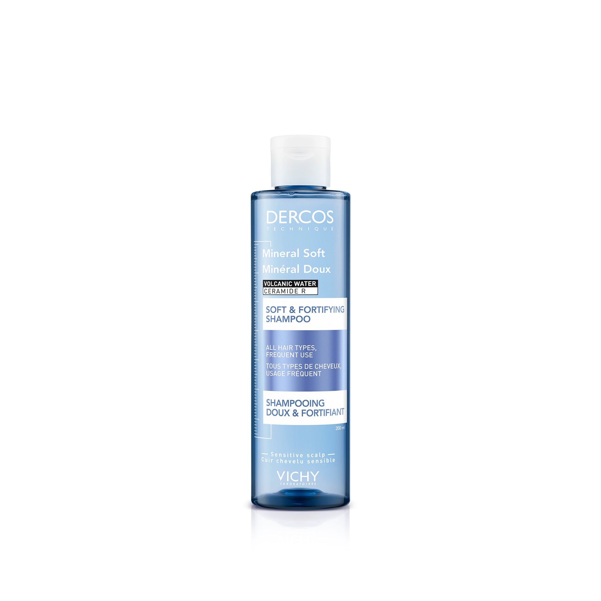 Botella de Vichy Dercos Champú Mineral Uso Frecuente de 400 ml sobre un fondo blanco.