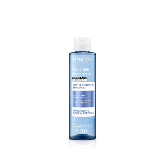 Botella de Vichy Dercos Champú Mineral Uso Frecuente de 400 ml sobre un fondo blanco.