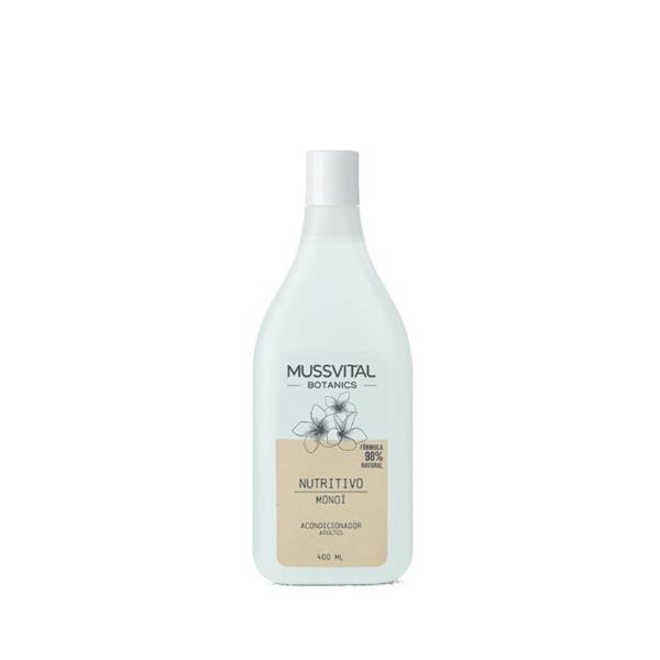 Botella de Acondicionador Mussvital Monoi con aspecto cremoso y fragancia tropical.