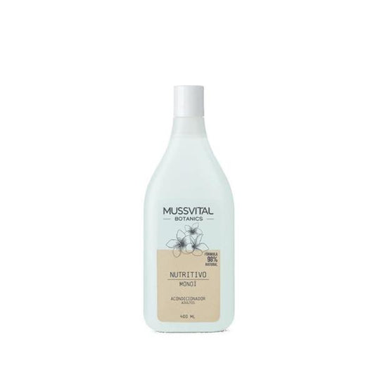 Botella de Acondicionador Mussvital Monoi con aspecto cremoso y fragancia tropical.