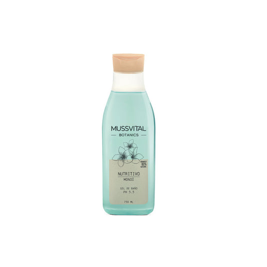 Frasco de Mussvital Botanics Gel de Baño Monoi con flores de Tiaré.