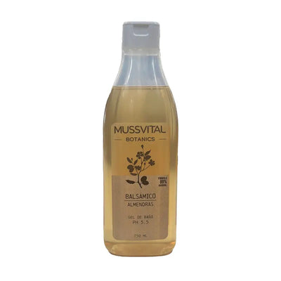 Botella de Mussvital Gel Aceite Almendras Dulces 750ml, ideal para pieles secas y sensibles.