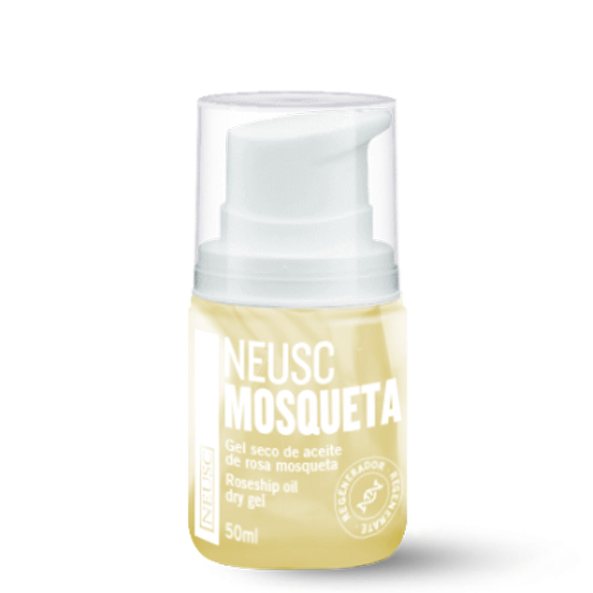 Frasco de Neusc Mosqueta Gel Seco de Aceite de Rosa de FlyFarma para el cuidado de la piel.
