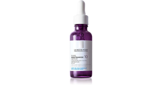 Frasco del sérum La Roche-Posay Pure Niacinamide 10 con su aplicador gotero, mostrando la textura tr