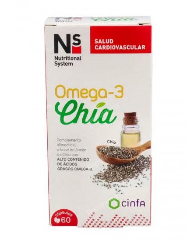 Envase de Ns Omega 3 Chia 60 Capsulas, suplemento para el corazón y cerebro de FlyFarma.