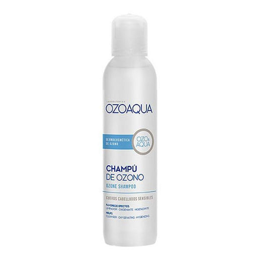 Botella de Ozoaqua Champú de Ozono 250 ml, ideal para el cuidado capilar y del cuero cabelludo.