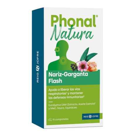 Envase de Phonal Natura Nariz-Garganta Flash 15 comprimidos para alivio respiratorio.
