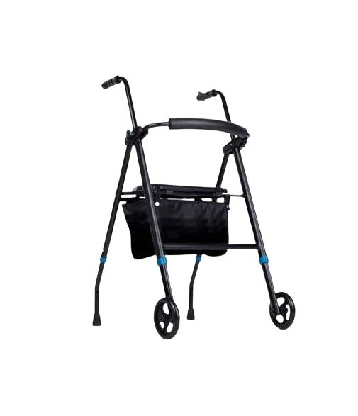 Prim Andador con asiento en color negro y azul, ideal para mejorar la movilidad y ofrecer descanso.