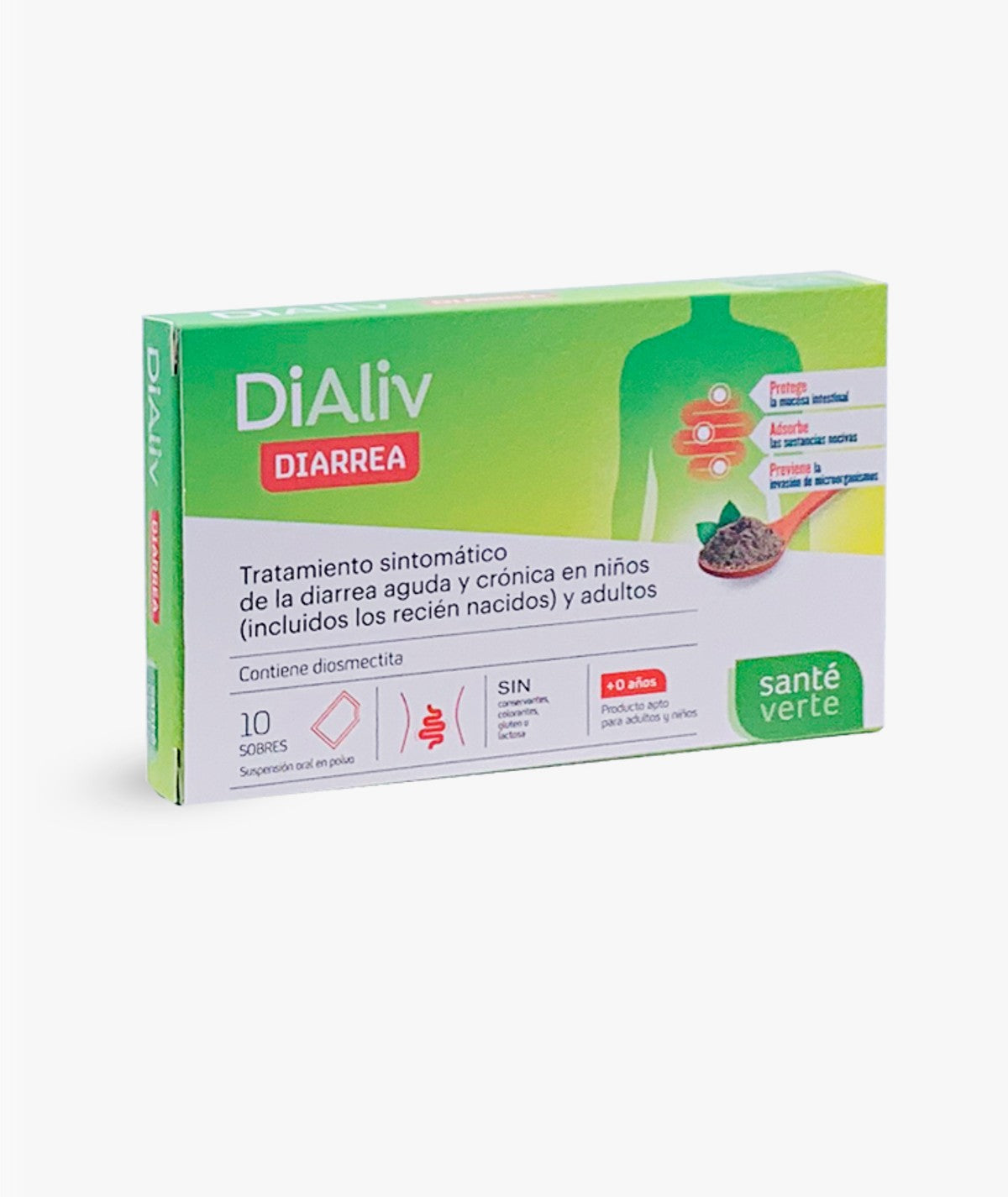 Caja de Sante Verte Dialiv Diarrea 10 Sobres para alivio de la diarrea.