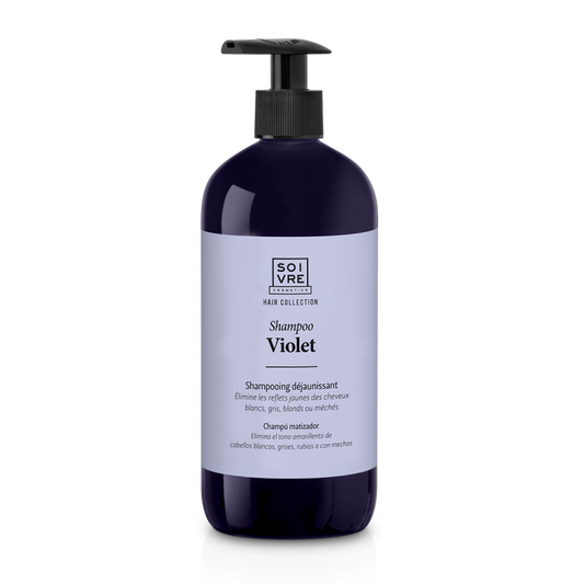 Envase de Soivre Cosmetics Champú Violet para neutralizar tonos amarillos en cabello rubio, decolora
