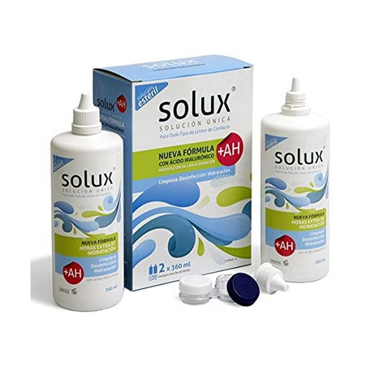 Botella de Solux solución multiusos para lentes de contacto de todos los tipos.