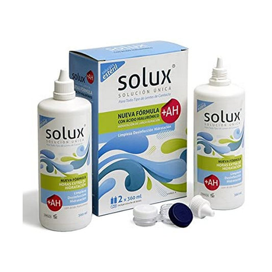 Botella de Solux solución multiusos para lentes de contacto de todos los tipos.