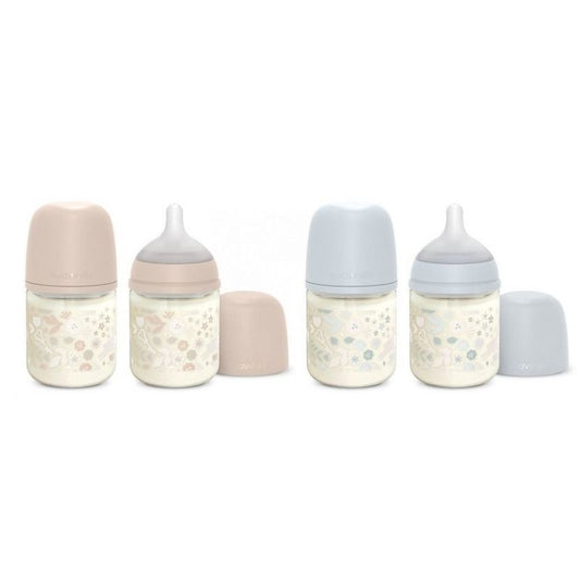 Biberón de vidrio con tetina fisiológica de silicona, ideal para bebés